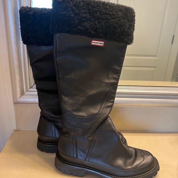 Hunter Shoes Hunter Black Leather And Sheepskin Trim Tall Boots